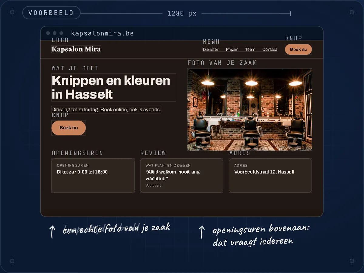 Voorbeeldsite van Kapsalon Mira op een computer: de kop Knippen en kleuren in Hasselt, een foto van een salon met drie stoelen, de knop Boek nu en blokken met openingsuren, een review en het adres.