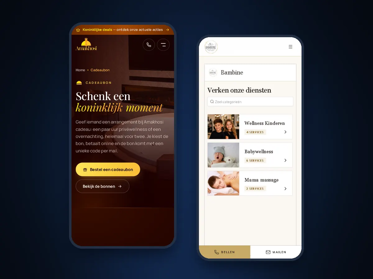 Twee gsm-schermen: links amakhosi.be met de kop Schenk een koninklijk moment en de knop Bestel een cadeaubon, rechts bambine.be met de online agenda en de diensten Wellness Kinderen, Babywellness en Mama massage.