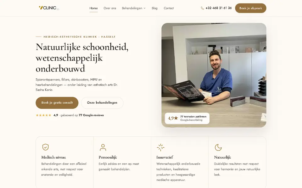 Startpagina van clinic3d.be: een lichte site met een foto van de arts aan de balie en de knop om een gratis consult te boeken.
