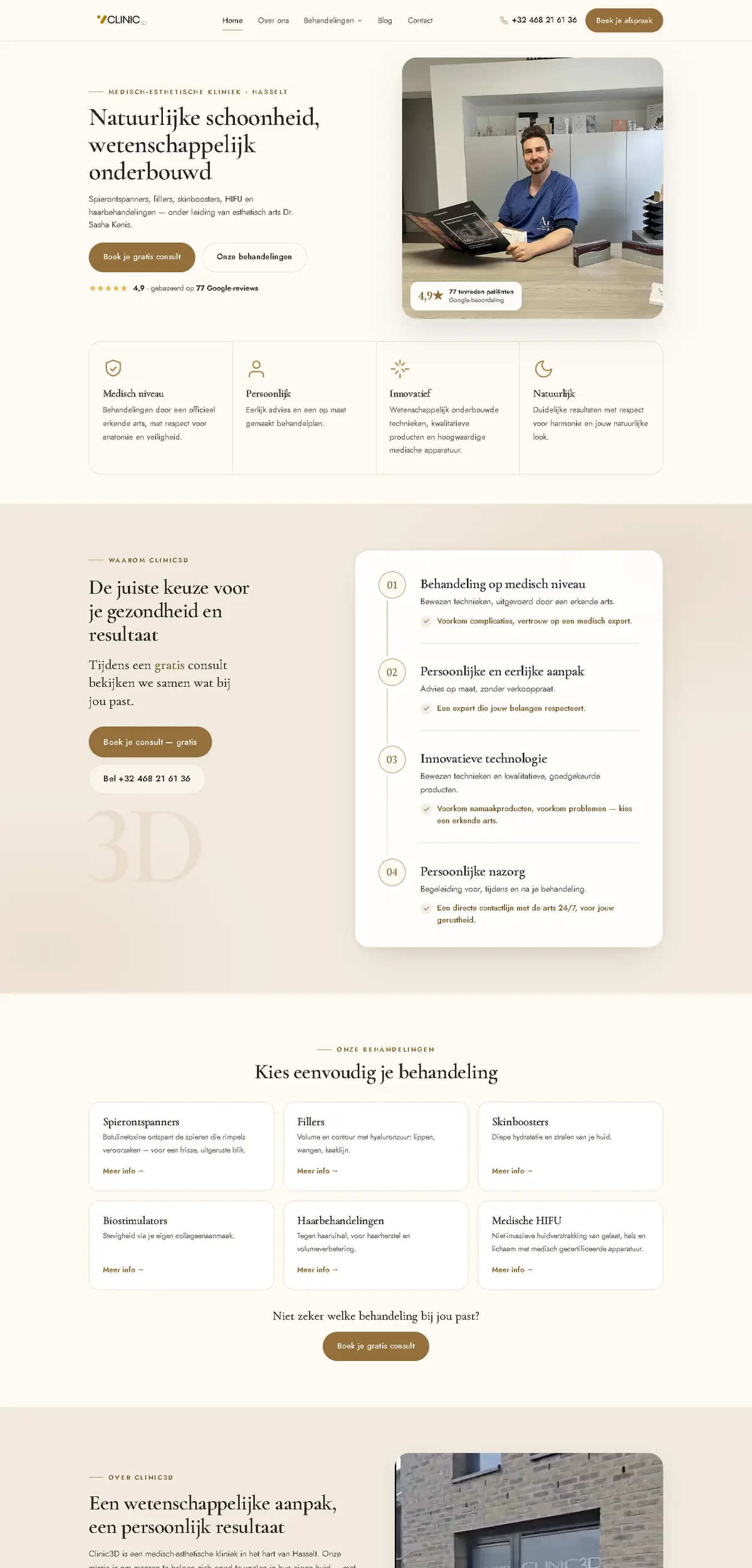 Startpagina van clinic3d.be: een lichte site met de kop Natuurlijke schoonheid, wetenschappelijk onderbouwd, een foto van de arts aan de balie en de knop Boek je gratis consult.